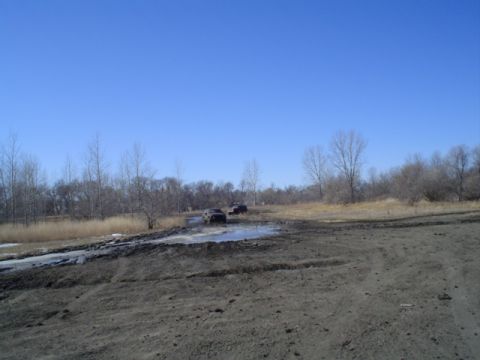 1981 Ford Bronco - SUVs driving through a muddy area on a clear day.