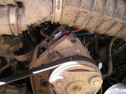 1996 Ford Bronco - Compressor harness cut and wired, with wires running to the pressure switch and then to the battery.