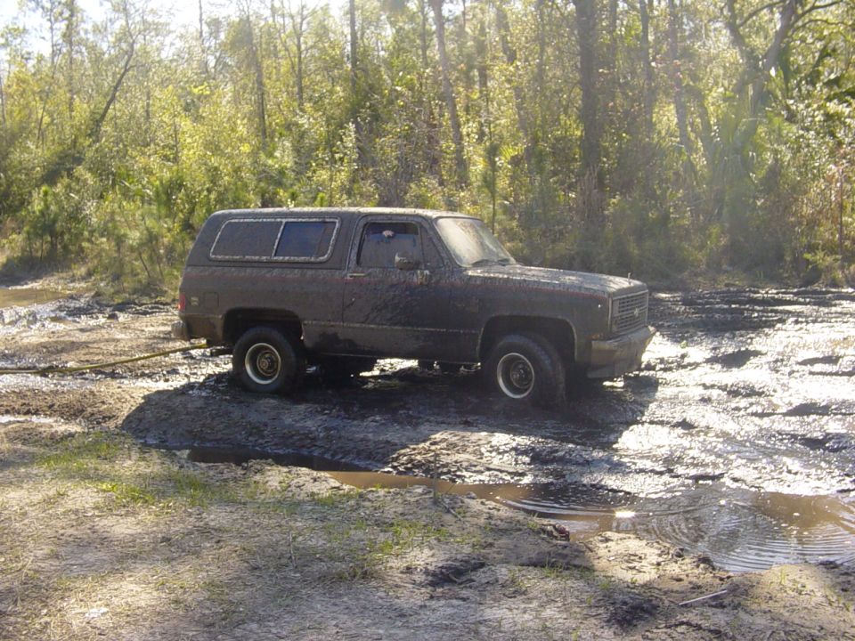 Mud-covered SUV stuck in mud, side view, trees in background