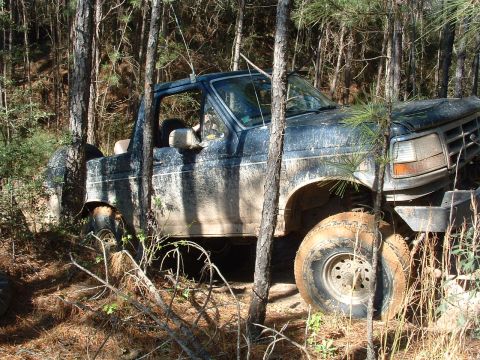 1993 Ford Bronco - This truck appears to be stuck off-road in a wooded area, covered in mud.