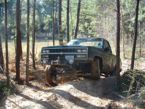 1993 Ford Bronco - Pickup truck navigating a muddy, wooded trail with a body lift and winch installed.