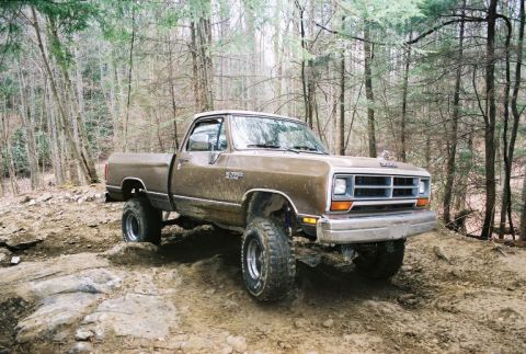 1990 Ford Bronco - A lifted brown pickup truck navigates a challenging, rocky path through a forest.