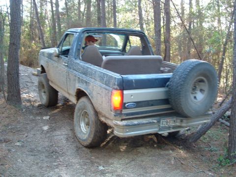 1993 Ford Bronco - A Ford Bronco navigates a wooded trail, its rear tire visible on the spare mount.