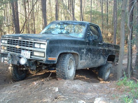 1993 Ford Bronco - This black Chevrolet pickup truck is navigating a muddy trail through a forest.