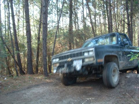 1993 Ford Bronco - A black pickup truck navigates a dirt trail through a forest, kicking up dust.