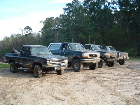 1993 Ford Bronco - A lineup of four SUVs, including a Chevrolet pickup and three Ford Broncos, parked on a dirt lot with trees in the background.