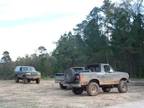 1993 Ford Bronco - Multiple Ford Broncos and an F-Series truck are parked off-road in a wooded area.