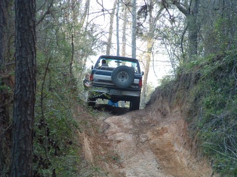1993 Ford Bronco - A Ford Bronco navigates a steep, wooded trail.