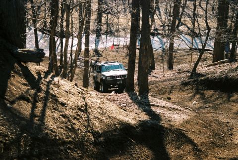1995 Ford Bronco - SUV navigates a wooded trail during winter. The vehicle's body style suggests a model from the early 2000s.