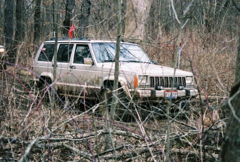 1995 Ford Bronco - This Jeep Cherokee XJ navigates a muddy trail surrounded by trees and branches.