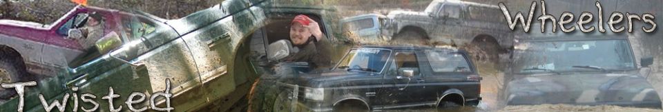 Muddy 1995 Ford Bronco and other off-road vehicles in a muddy scene. Text "Twisted Wheelers" is overlaid