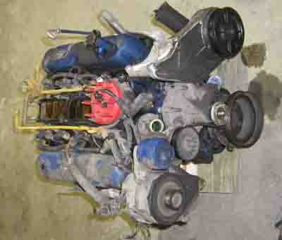 1988 Ford Bronco - Engine assembly with various components visible, including a red distributor cap and blue valve covers.