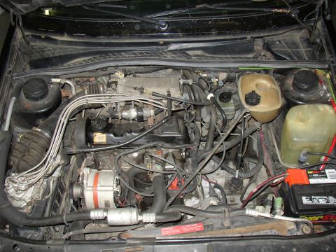 1987 Volkswagen Golf - Engine bay components including battery, coolant reservoirs, and various hoses and wires.