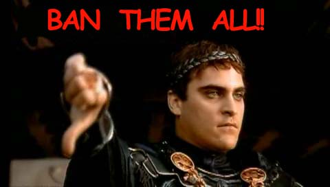 1992 Ford Bronco - Joaquin Phoenix as Commodus in Gladiator gives a thumbs down with text 'BAN THEM ALL!'.