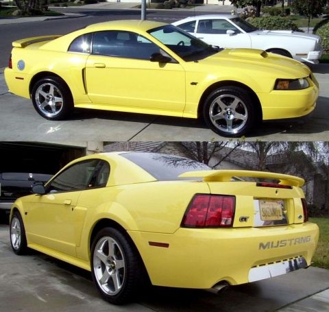 2002 Ford Mustang - Yellow 2002 Ford Mustang GT with a custom license plate and aftermarket exhaust tips.
