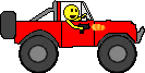 1968 Ford Mustang - A cartoon drawing of a red jeep with a smiley face driving it.