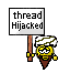 1968 Ford Mustang - A cartoon figure stands against a bright green background, holding a sign that reads 'thread Hijacked'.