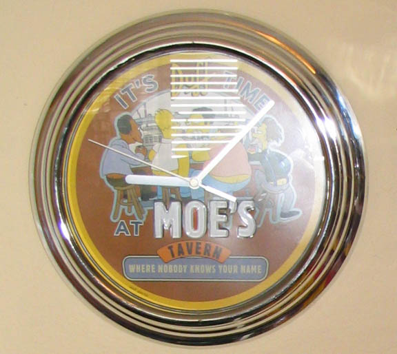 Simpsons Moe's Tavern clock with characters at the bar