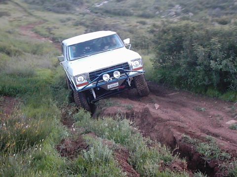 1978 Ford Bronco - 1978 Ford Bronco navigating a steep dirt trail with green foliage on the sides.