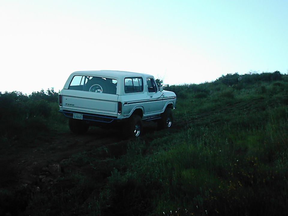 Light blue 1978 Ford Bronco driving off-road on a grassy hill, rear view