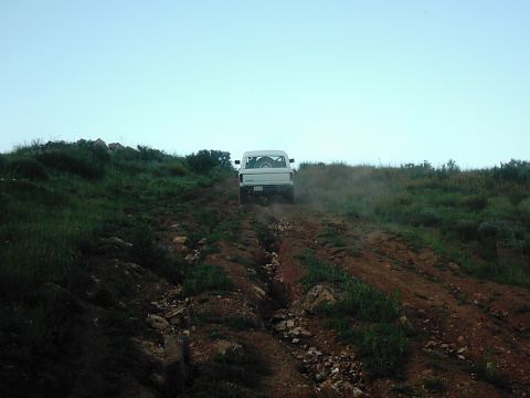 1978 Ford Bronco - A white pickup truck kicks up dust as it ascends a steep, rocky dirt path under a clear blue sky.