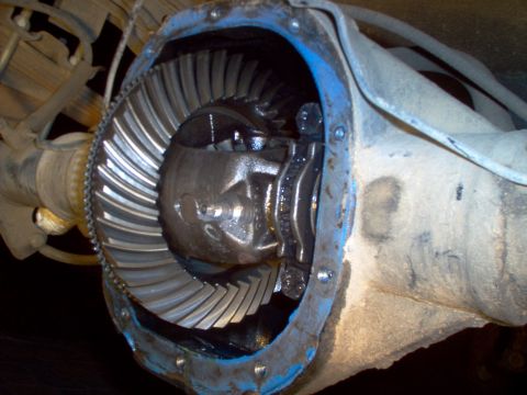 1988 Ford Bronco - Close-up of a vehicle's differential gears, showing the ring and pinion gears with a blue gasket seal.