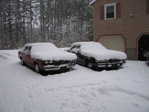 2001 Ford Crown Victoria - Two sedans are parked in front of a garage, heavily covered in snow during a winter storm.