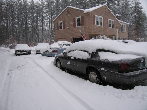 2001 Ford Crown Victoria - A heavy snowfall blankets cars parked in a residential driveway, obscuring their details.