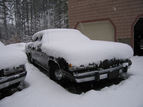 2001 Ford Crown Victoria - Two vehicles are covered in snow outside a garage during winter.