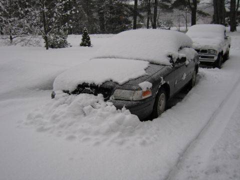 2001 Ford Crown Victoria - Two vehicles are heavily covered in snow after a winter storm, with one sedan almost completely buried.