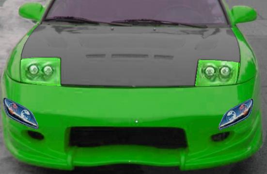 Green sports car front end with carbon-style hood, projector headlights and body kit