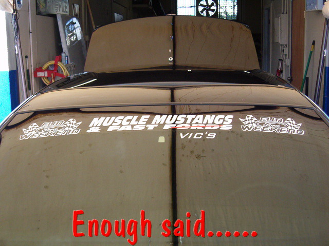 Dusty black car roof and rear glass with Muscle Mustangs & Fast Fords decals