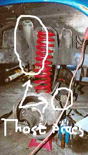 1989 Ford Bronco - Annotated underside photo of a lifted 4x4 front suspension showing a red coil spring, coil bucket, axle housing and track bar bracket, with…