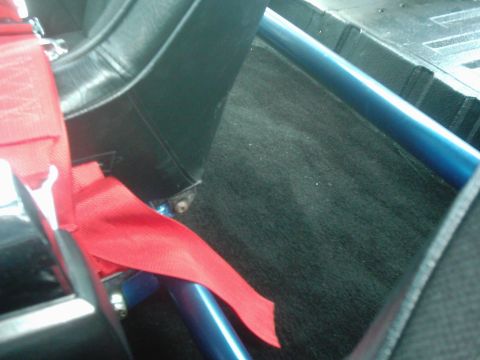 1978 Ford Bronco - The interior of a 1978 Ford Bronco shows black seats, a red seatbelt, and a blue roll cage.
