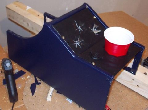 1985 Ford Crown Victoria LTD - A custom blue center console with a red solo cup and a black power outlet is shown.