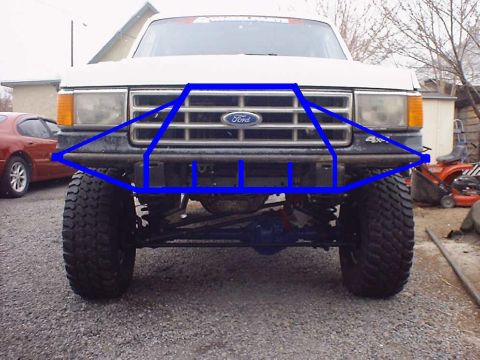 1988 Ford Bronco - Head-on view of a lifted white Ford 4x4 on oversized mud tires in a gravel driveway, with a hand-drawn blue overlay sketching a proposed tu…