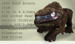 1990 Ford Bronco - A creature resembling a furry monster with a Ford grille and headlights for eyes is shown.