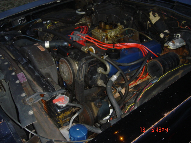 Overhead engine bay view: blue V8 with gold four-barrel carburetor and red plug wires