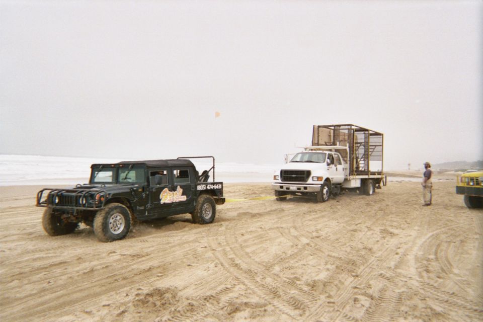 Black Hummer and white flatbed truck parked on a wide foggy beach