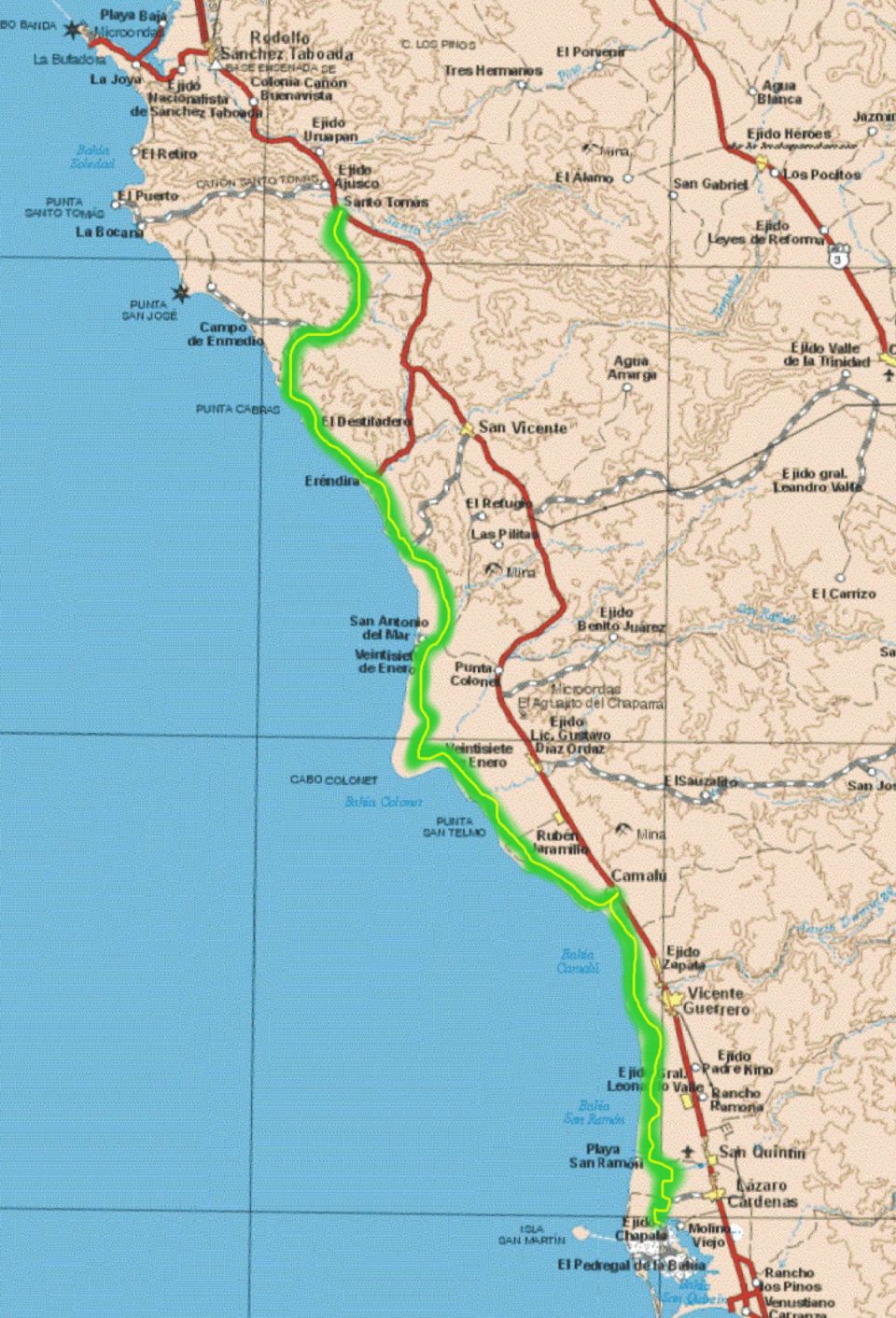 Map showing the Baja California coast with a highlighted route