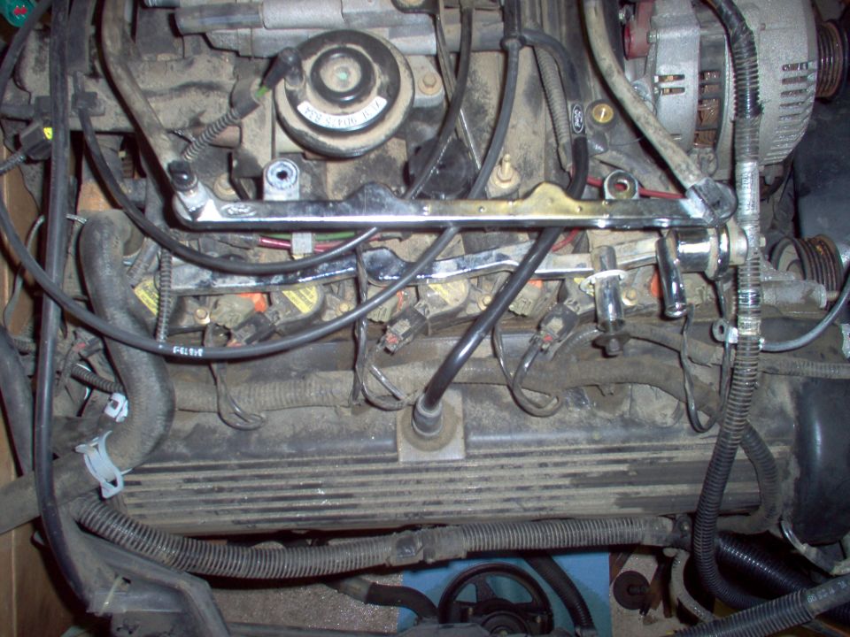 Engine bay top view with chrome fuel rail, hoses, wiring, and alternator