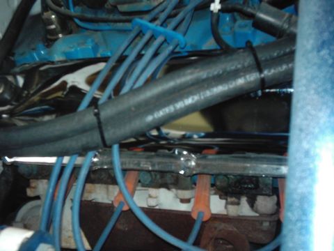 1978 Ford Bronco - Close-up view of an engine bay showing spark plug wires and hoses, with visible text on a hose.