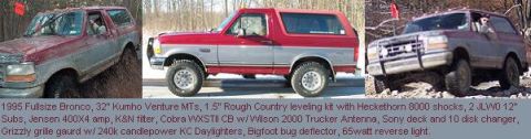 1995 Ford Bronco - Three views of a modified Ford Bronco, showing its off-road capabilities and modifications.