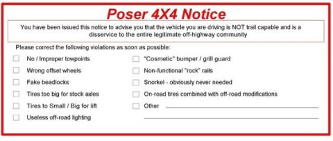 1995 Ford Bronco - This document is a 'Poser 4X4 Notice' detailing violations for vehicles not trail capable.
