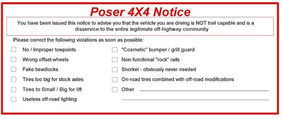 Poser 4X4 Notice document listing potential off-road vehicle violations