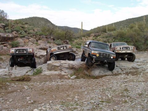 1990 Ford Bronco - Four lifted Ford trucks and full-size Broncos climb rocks in a desert canyon dotted with saguaro cactus.