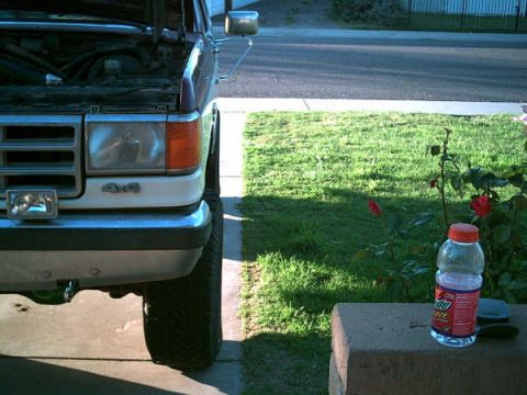1988 Ford Bronco - Front view of a 1988 Ford Bronco with the hood up, revealing the engine bay.