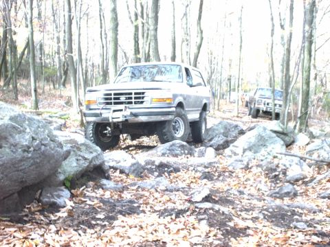 1995 Ford Bronco - Two Ford Broncos navigate a rocky trail through a forest with fallen leaves on the ground.