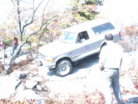 1995 Ford Bronco - Ford Bronco navigating a challenging off-road trail.