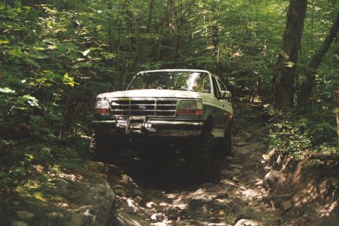 1995 Ford Bronco - This Ford Bronco navigates a challenging off-road path through a dense forest.